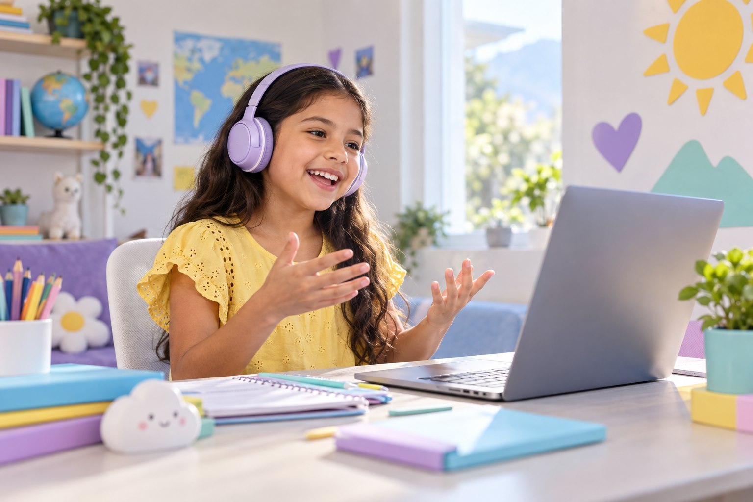 Niña participando con entusiasmo en una clase de inglés online