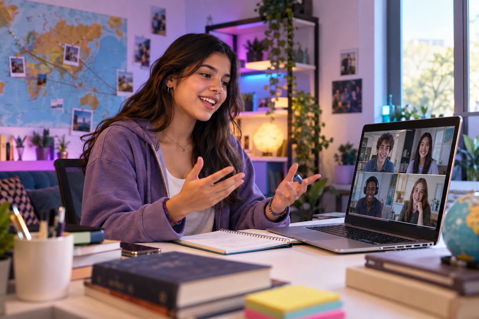 Adolescente participando en un proyecto internacional en inglés